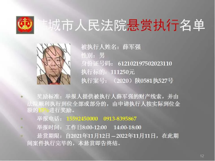 韩城市人民法院发布第二十批悬赏执行公告（图）