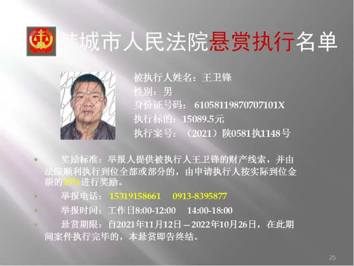 韩城市人民法院发布第二十批悬赏执行公告（图）