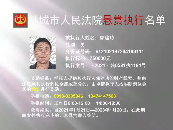 韩城市人民法院发布第二十二批悬赏执行公告（图）