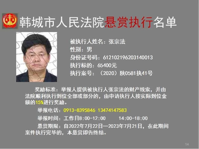韩城市人民法院发布第二十八批悬赏执行公告